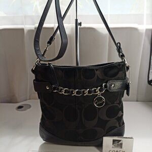 Coach Ashley Medium Black Silver Crossbody Purse Signature Canvas Leather Strap